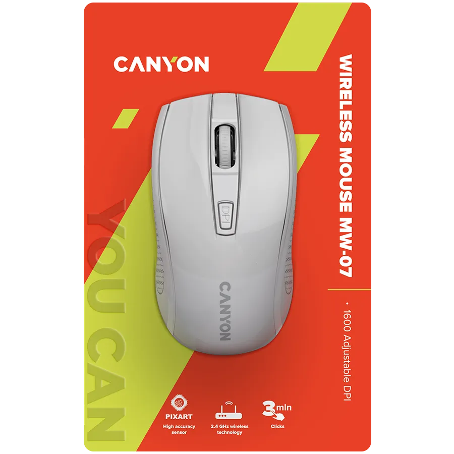 CANYON MW-7, 2.4Ghz wireless mouse, 6 buttons, DPI 800/1200/1600, with 1 AA battery ,size 110*60*37mm,58g,white — фото 6