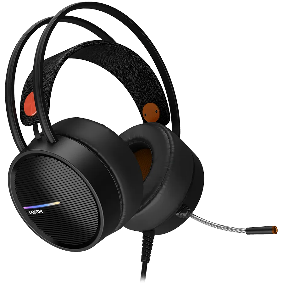 CANYON INTERCEPTOR GH-8A, Gaming headset 3.5mm jack plus USB connector for LED backlight, adjustable microphone and volume control, with 2in1 3.5mm adapter, cable 2M, Black and Orange, 0.36kg — фото 2
