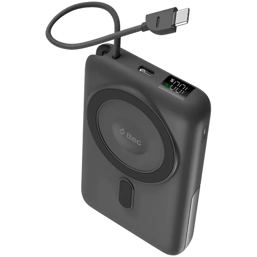 ttec Recharger M LCD 10.000 mAh. Magesafe comp PD20W Powerbank with USB-C Cable and Stand