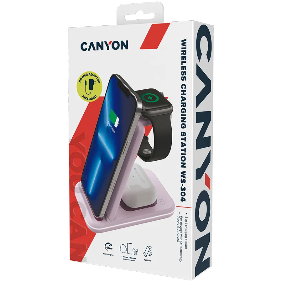 CANYON wireless charger WS-304 15W 3in1 Iced Pink — фото 9