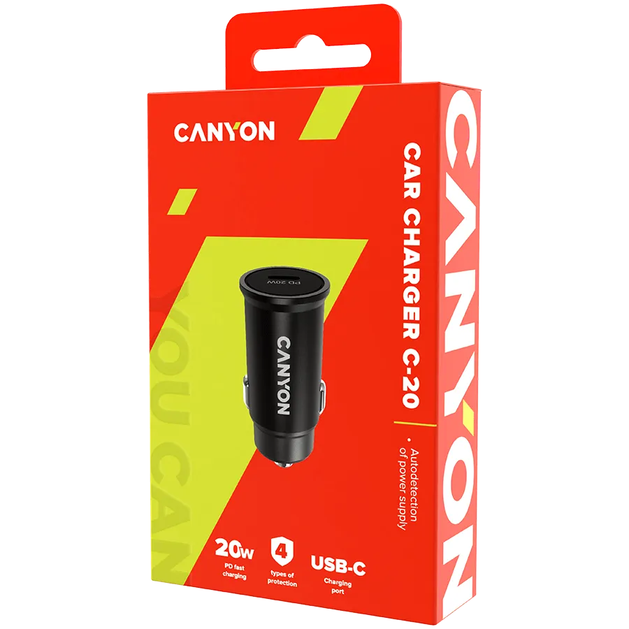 Canyon C-20, PD 20W Pocket size car charger, input: DC12V-24V, output: PD20W, support iPhone12 PD fast charging, Compliant with CE RoHs , Size: 50.6*23.4*23.4, 18g, Black — фото 5