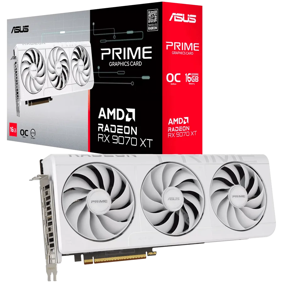 ASUS Video Card AMD Radeon RX 9070 XT White 16GB GDDR6 2220 / 3230 , 2048sp, 32 RT-core, 128 bit, 2.5 slots, 8 pin, HDMI, DisplayPort.
