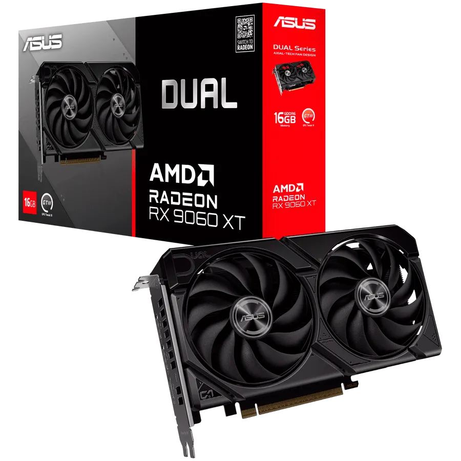 ASUS Video Card AMD Radeon RX 9060 XT 16GB GDDR6 2220 / 3230 , 2048sp, 32 RT-core, 128 bit, 2.5 slots, 8 pin, HDMI, DisplayPort.