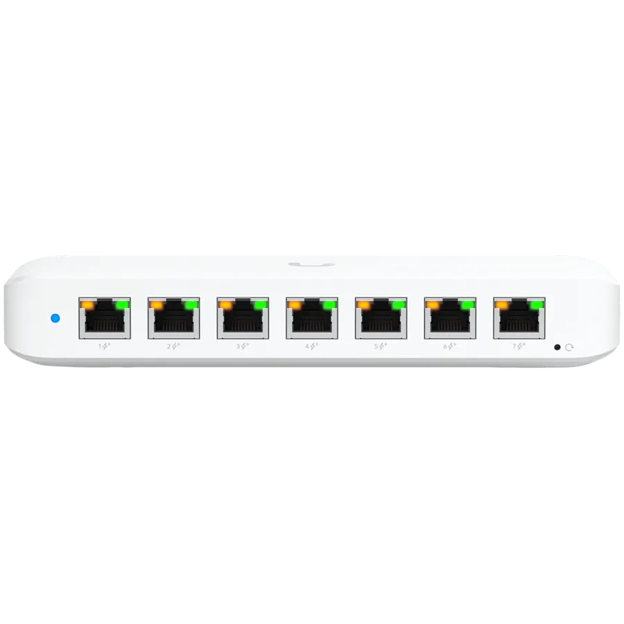 Ubiquiti USW-Ultra-210W-EU compact, Layer 2, 8-port GbE PoE switch with versatile mounting options, 7x GbE PoE+ output ports, GbE port with optional PoE++ input, 202W PoE availability with the included AC power adapter