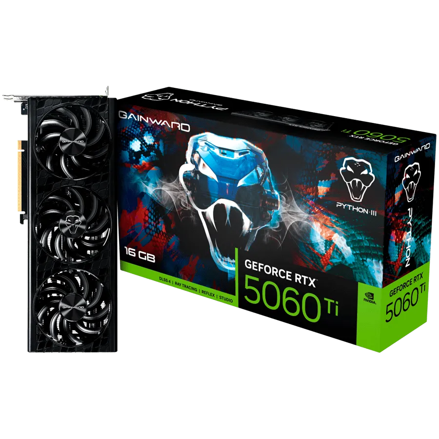 Gainward GeForce RTX 5060Ti Python III 16GB GDDR7 128 bit, 1x HDMI 2.1b, 3x DP 2.1b, 3 Fan, 1x 8-pin pwr connector, 600W, 291.9 x 116.5 x 41.3 mm, NE7506T019T1-GB2061T