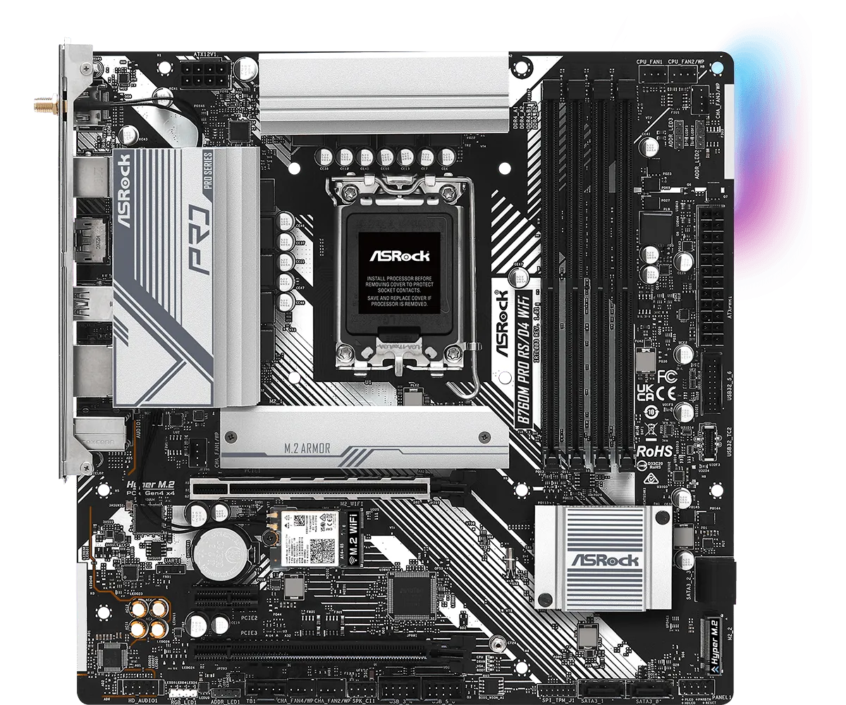 Материнская плата ASRock B760M PRO RS/D4 WIFI LGA1700 4xDDR4 4xSATA RAID 2xM.2 HDMI DP mATX — фото 2