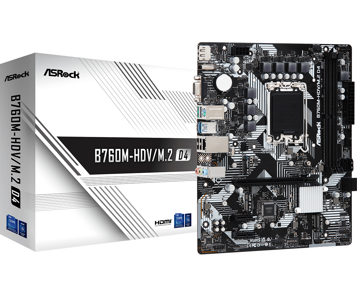 Материнская плата ASRock B760M-HDV/M.2 D4 LGA1700 2xDDR4 4xSATA RAID M.2 VGA HDMI DP mATX