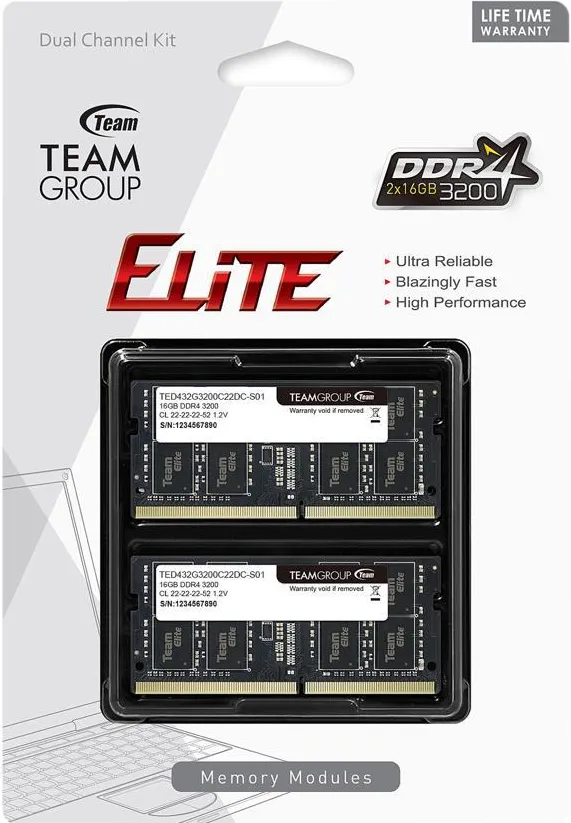 Оперативная память для ноутбука 32GB Kit (2x16GB) DDR4 3200Mhz TG ELITE SO-DIMM TED432G3200C22DC-S01