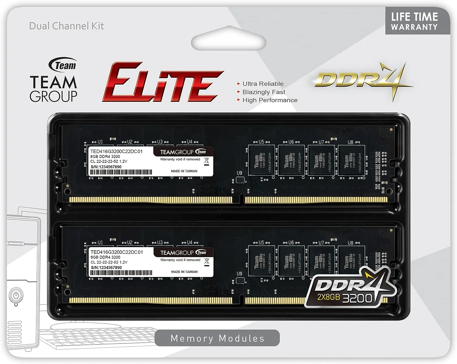 Оперативная память 16GB Kit (2x8GB) 3200MHz DDR4 Team Group ELITE CL22 TED416G3200C22DC01 — фото 1