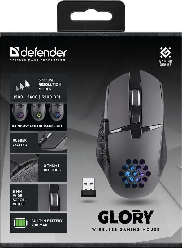 Мышь игровая беспроводная Defender Glory GM-514, LED,7D,400 мАч,3200dpi черный — фото 5