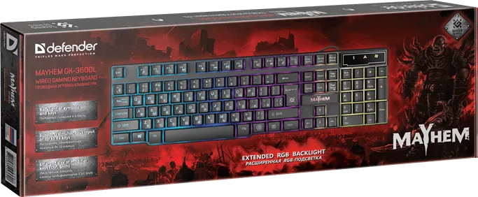Клавиатура проводная игровая Defender Mayhem GK-360DL, ENG/RUS, USB, RGB подсветка, НОВИНКА! — фото 6