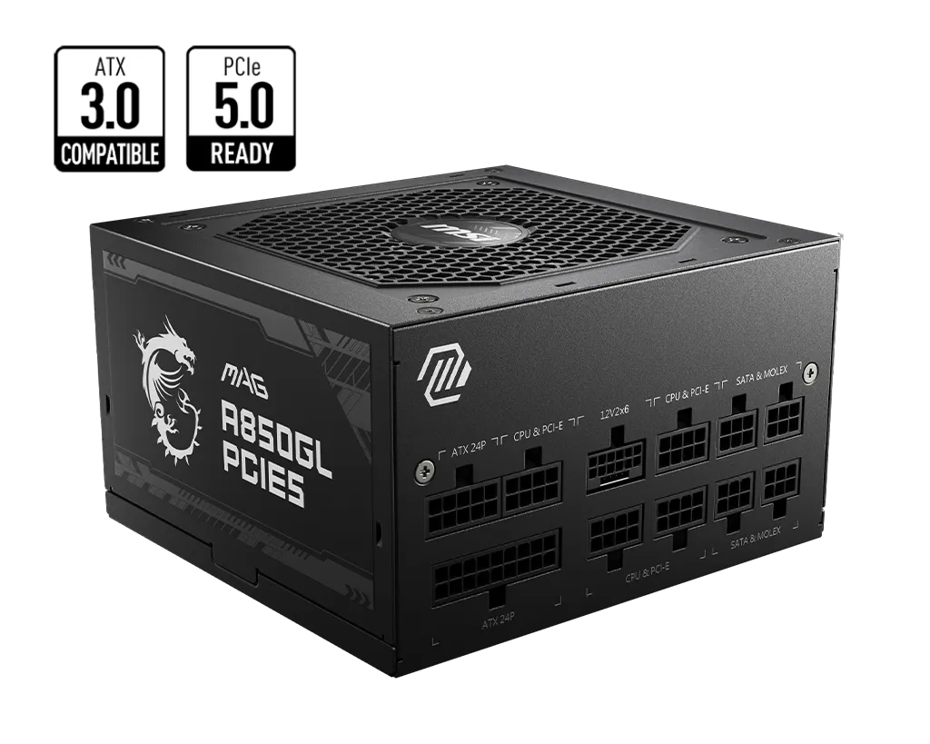 Блок питания MSI 850W, MAG A850GL PCIE5, Full Modular, ATX, 80+ GOLD, КПД >90%, Fan 120mm, Черный