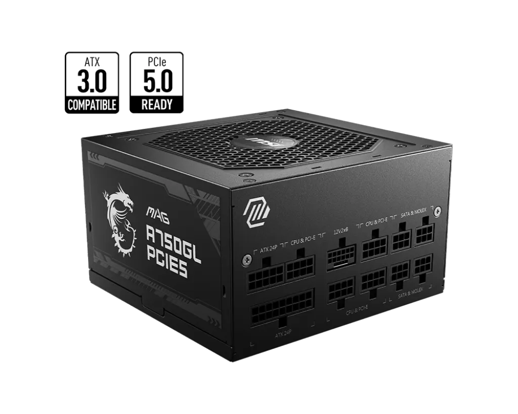 Блок питания MSI  750W, MAG A750GL PCIE5, Full Modular, ATX, 80+ GOLD, КПД >90%, Fan 120mm, Черный
