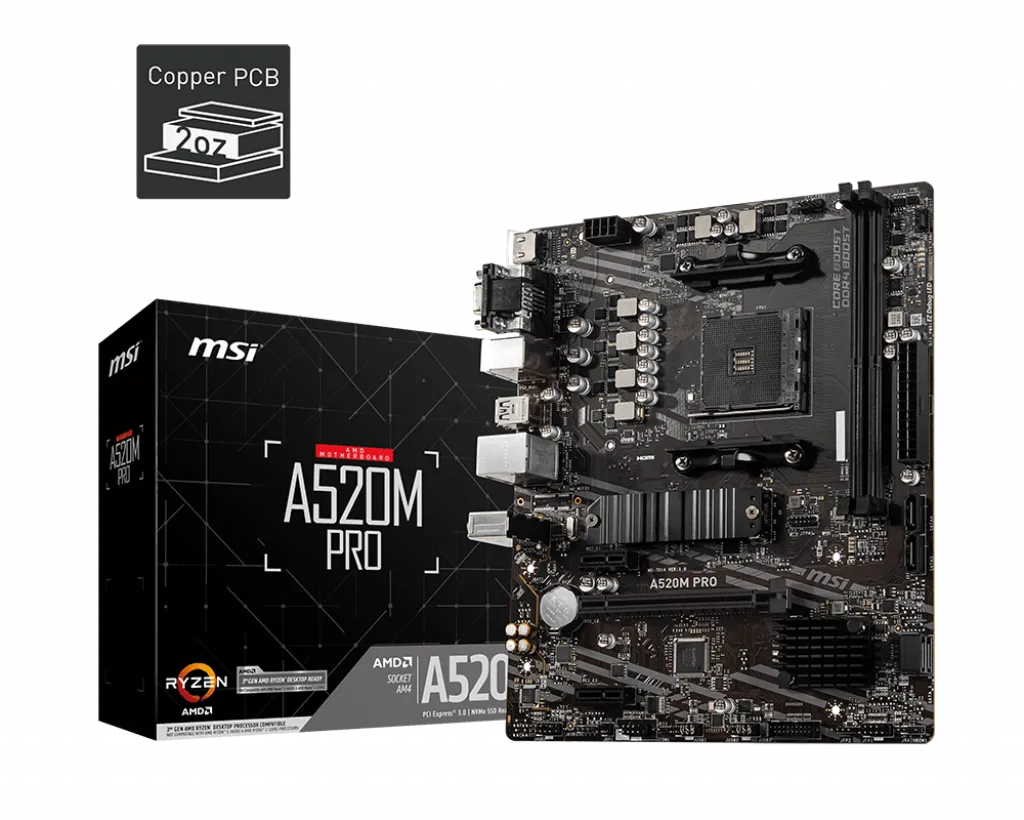 Материнская плата MSI A520M PRO AM4 2xDDR4 4xSATA3 RAID M.2 VGA HDMI DP ARGB header mATX