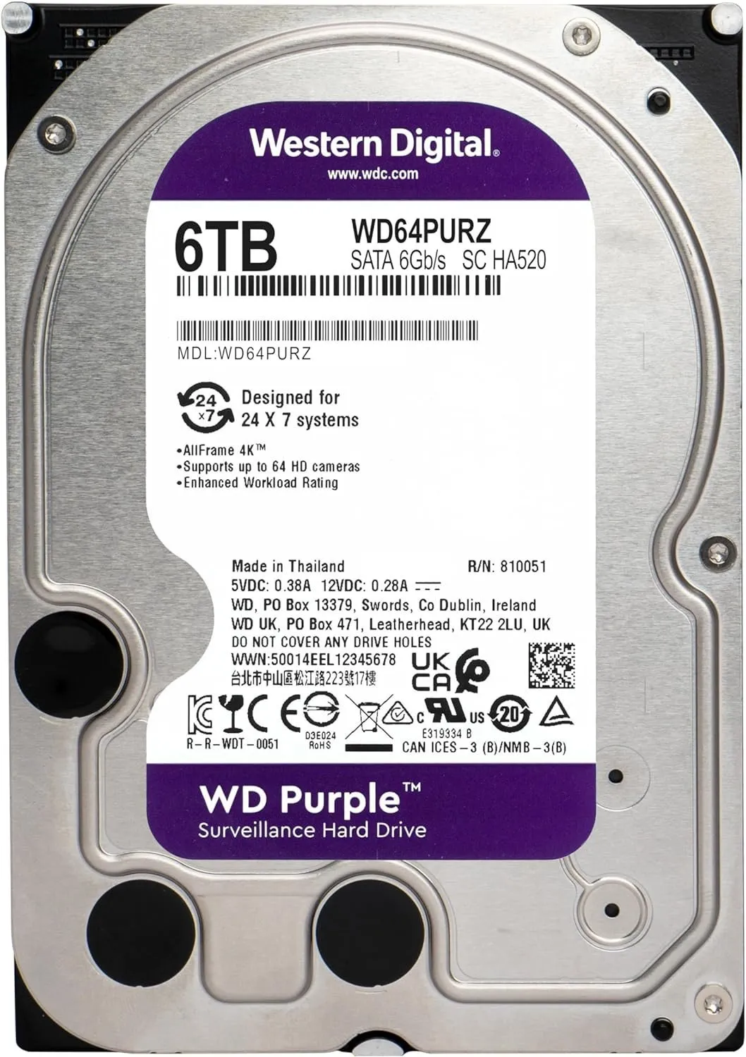 HDD Video Surveillance WD Purple 6TB CMR, 3.5'', 256MB, SATA 6Gbps, TBW: 180 — фото 4