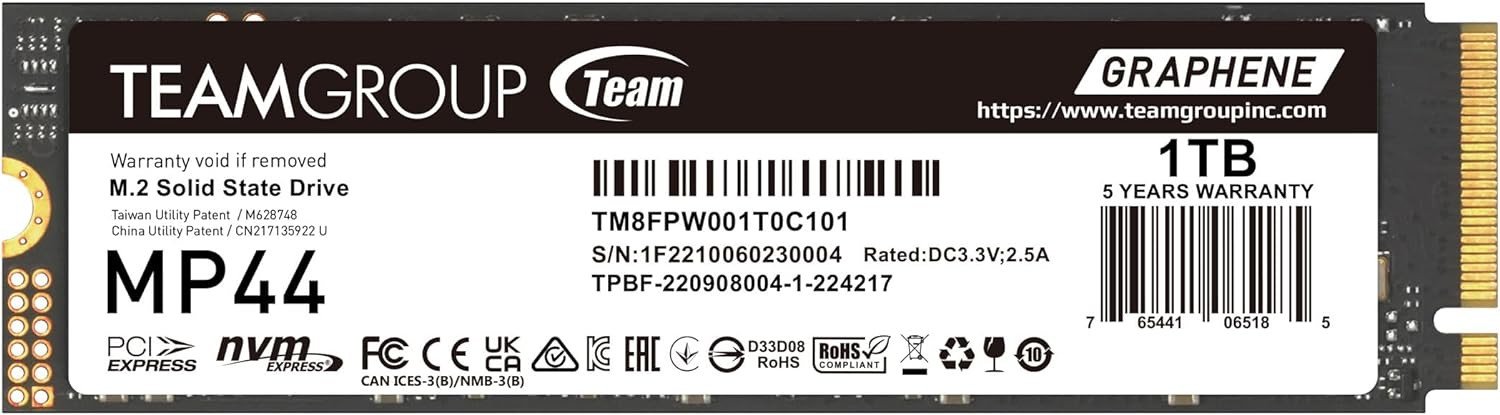 Твердотельный накопитель 1000GB SSD TeamGroup MP44 M.2 PCIe 4.0 R7400Mb/s W6500MB/s TM8FPW001T0C101