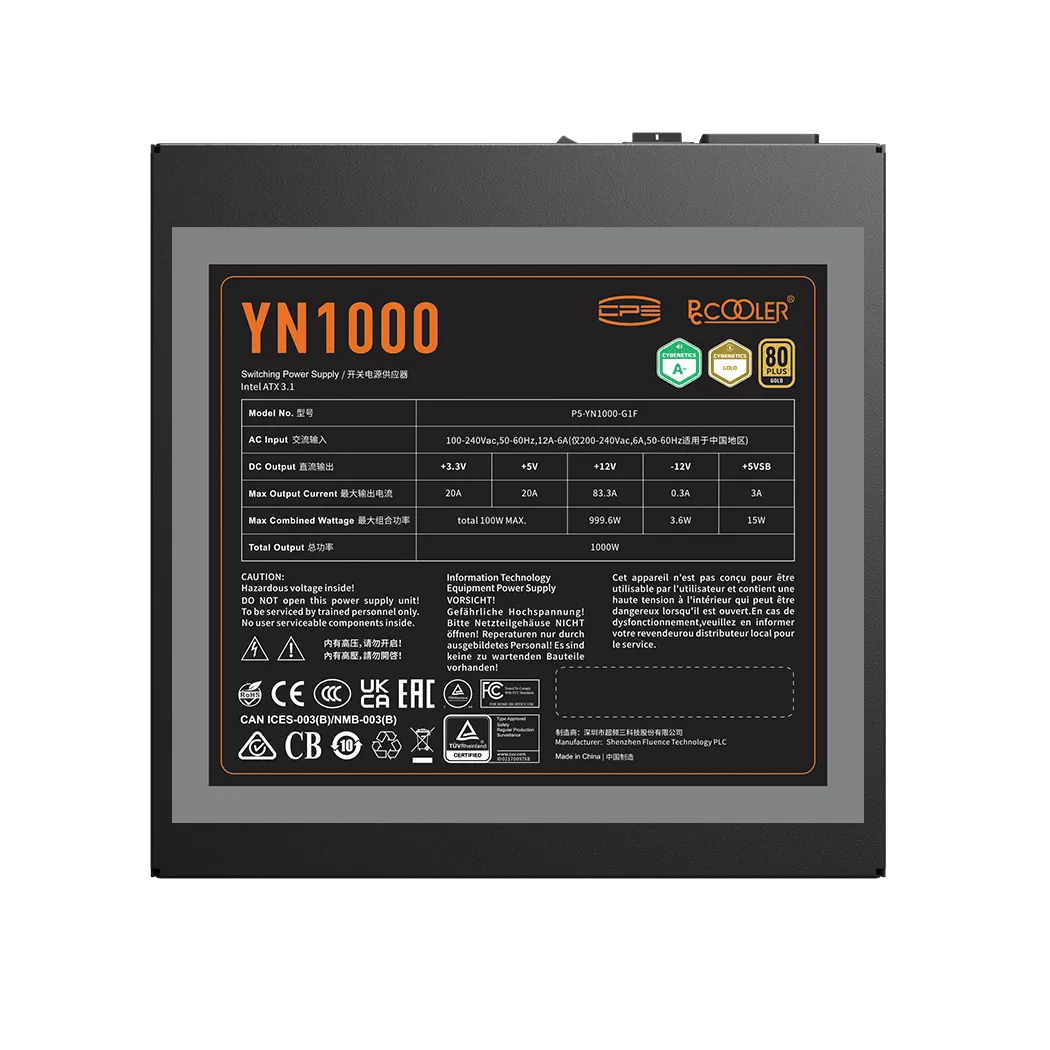 Блок питания PCCooler 1000W, YN1000, Full Modular, 80+ GOLD, 90.5%, Fan 135mm, Черный, P5-YN1000-G1F — фото 3