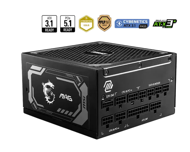 Блок питания MSI 1250W, MAG A1250GL PCIE5, Full Modular, ATX, 80+ GOLD, КПД >90%, Fan 135mm, Черный