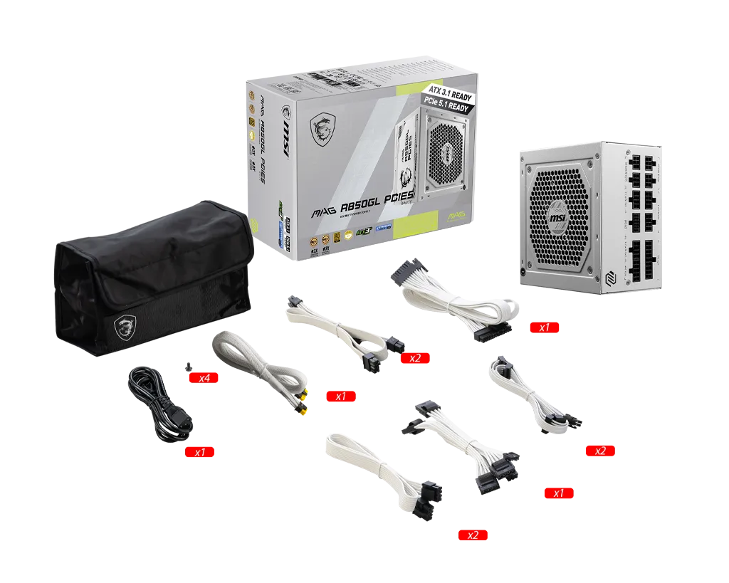 Блок питания MSI  850W, MAG A850GL PCIE5 WHITE, Full Modular, ATX, 80+ GOLD, >90%, Fan 120mm, Белый — фото 2