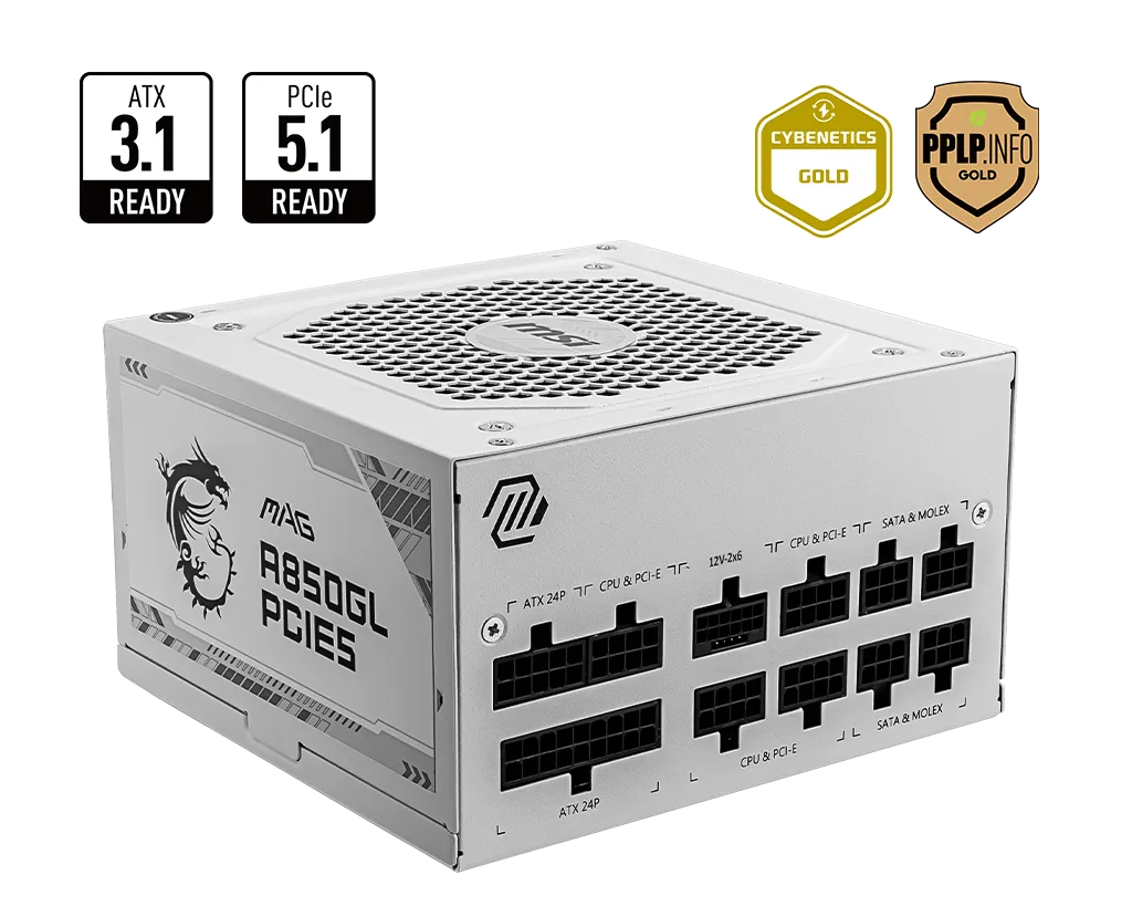 Блок питания MSI  850W, MAG A850GL PCIE5 WHITE, Full Modular, ATX, 80+ GOLD, >90%, Fan 120mm, Белый — фото 5