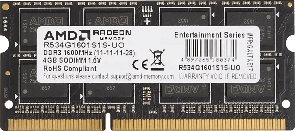 Оперативная память для ноутбука 4Gb DDR3 1600MHz AMD Radeon R5 Entertainment Series R534G1601S1S-U