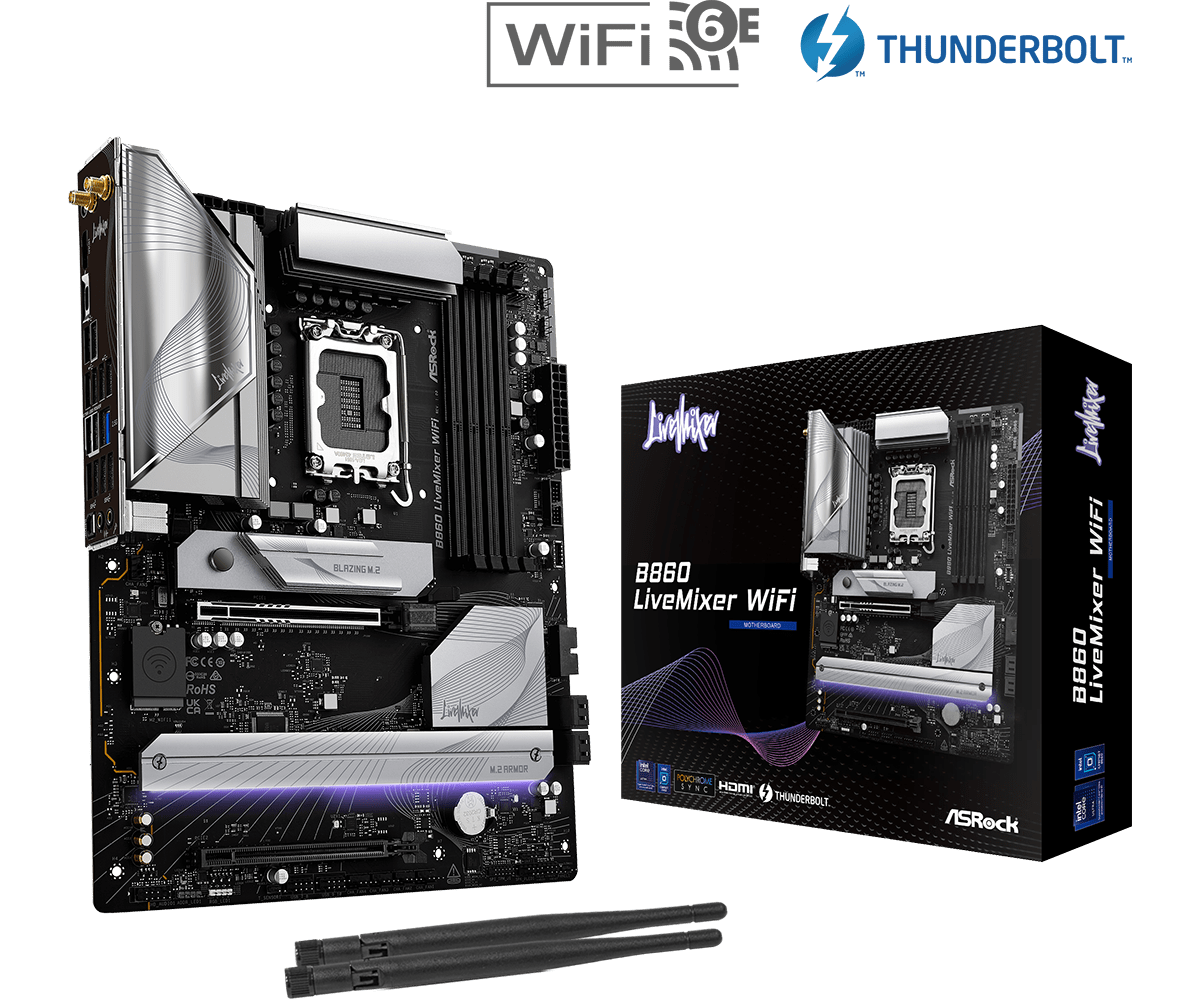 Материнская плата ASRock B860M LIVEMIXER WIFI LGA1851 4xDDR5 4xSATA 3xM.2 1xHDMI 1xThund4 WiFi mATX
