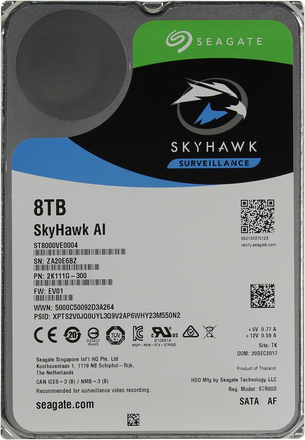 Жесткий диск для видеонаблюдения  8Tb Seagate SkyHawk AI SATA3 3.5