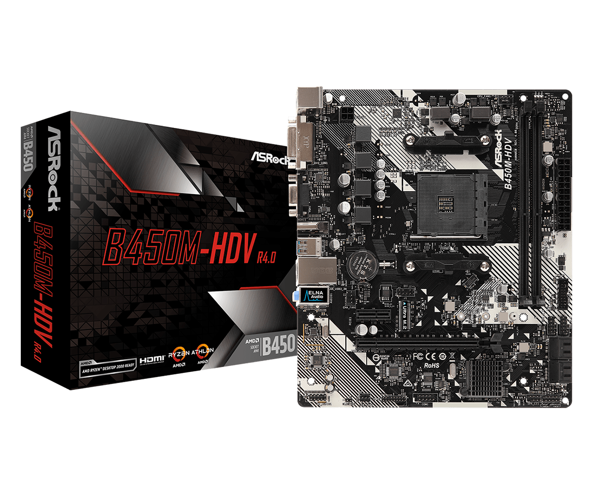 Материнская плата ASRock B450M-HDV R4.0 AM4 2xDDR4 4xSATA3 1xUM.2 HDMI DVI-D D-Sub mATX