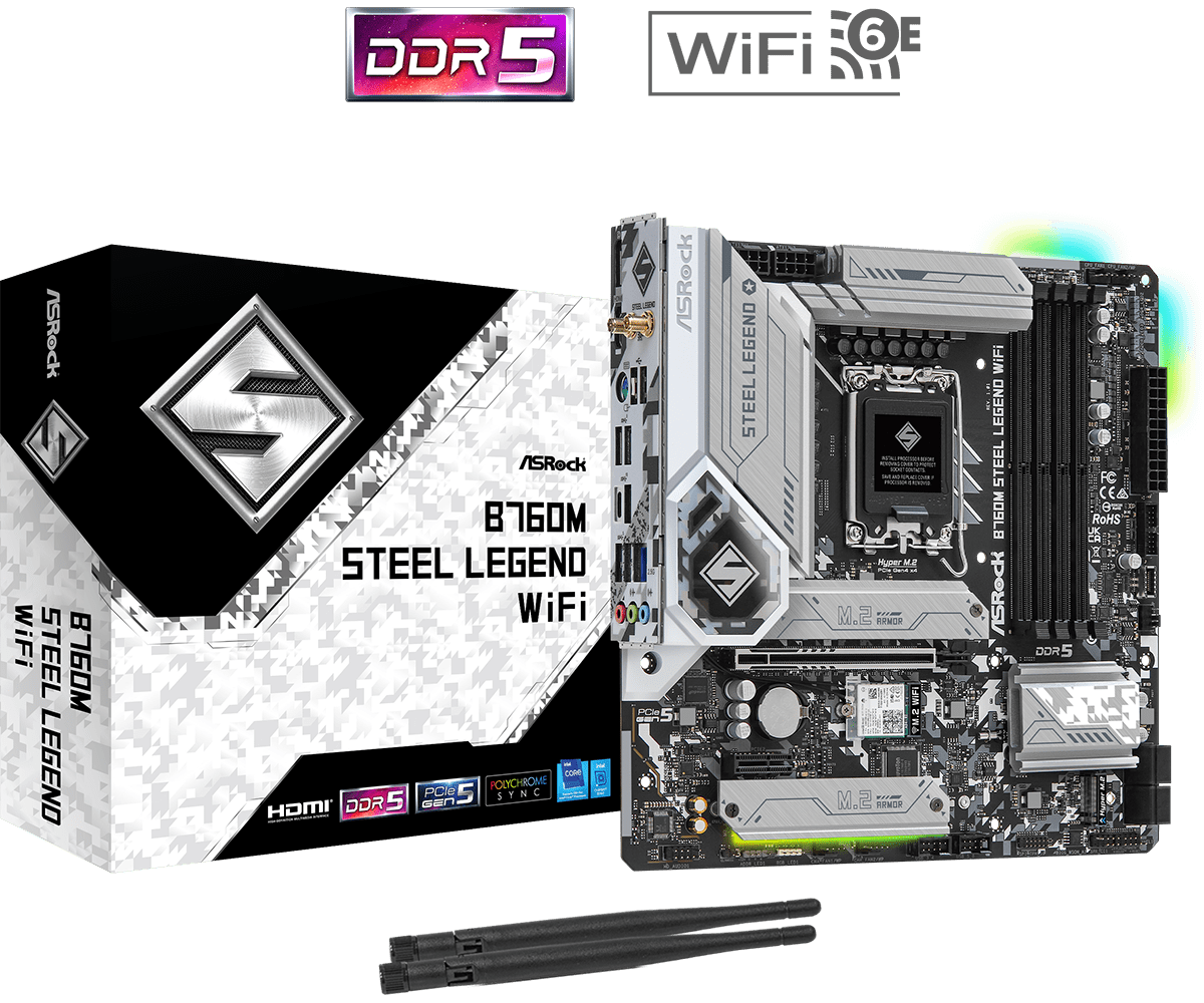 Материнская плата ASRock B760M STEEL LEGEND WIFI LGA1700 4xDDR5 4xSATA RAID 3xM.2 HDMI DP eDP mATX