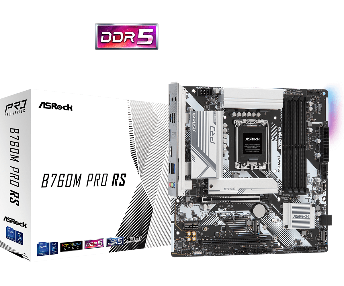 Материнская плата ASRock B760M PRO RS LGA1700 4xDDR5 4xSATA RAID 2xM.2 HDMI DP mATX