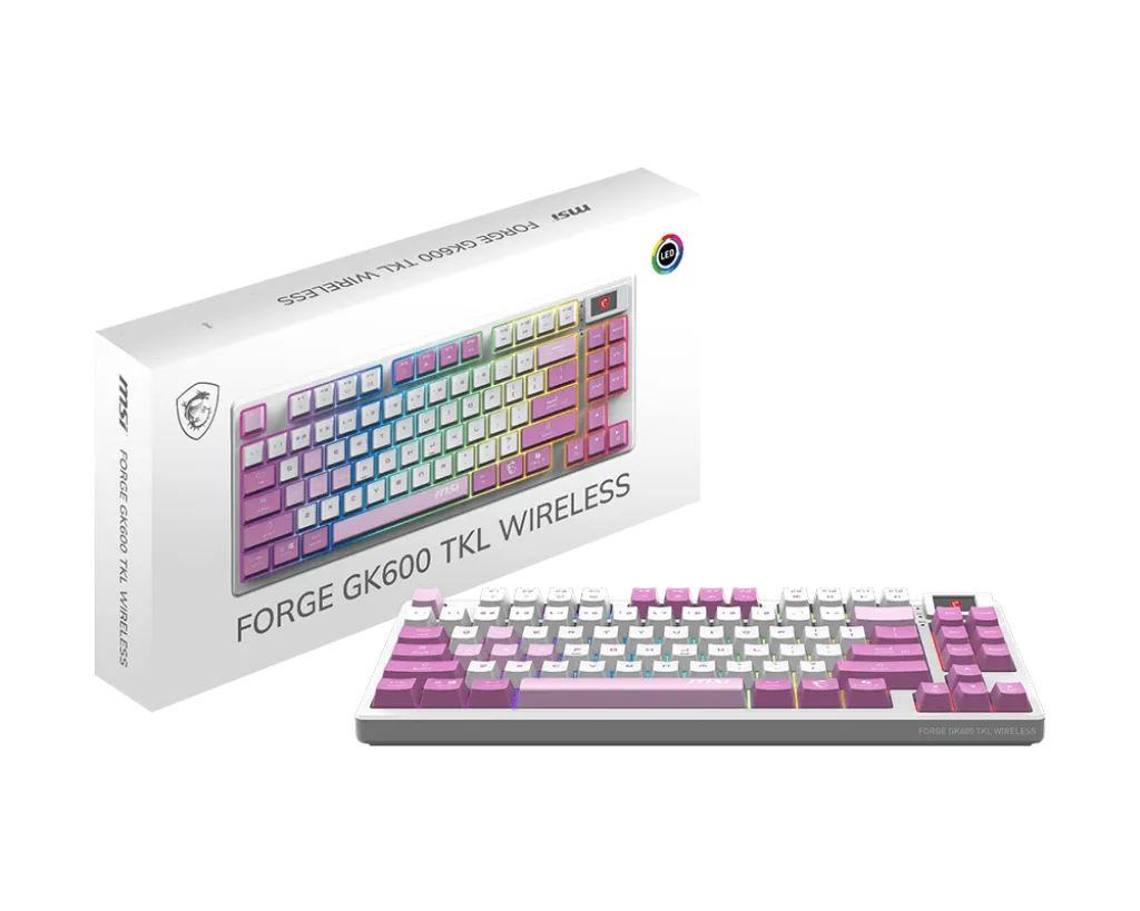 Игровая Клавиатура MSI FORGE GK600 TKL W VIOLET RU, Механическая/WIFI/BT/USB2.0/RGB/83кл/1.8м VIOLET