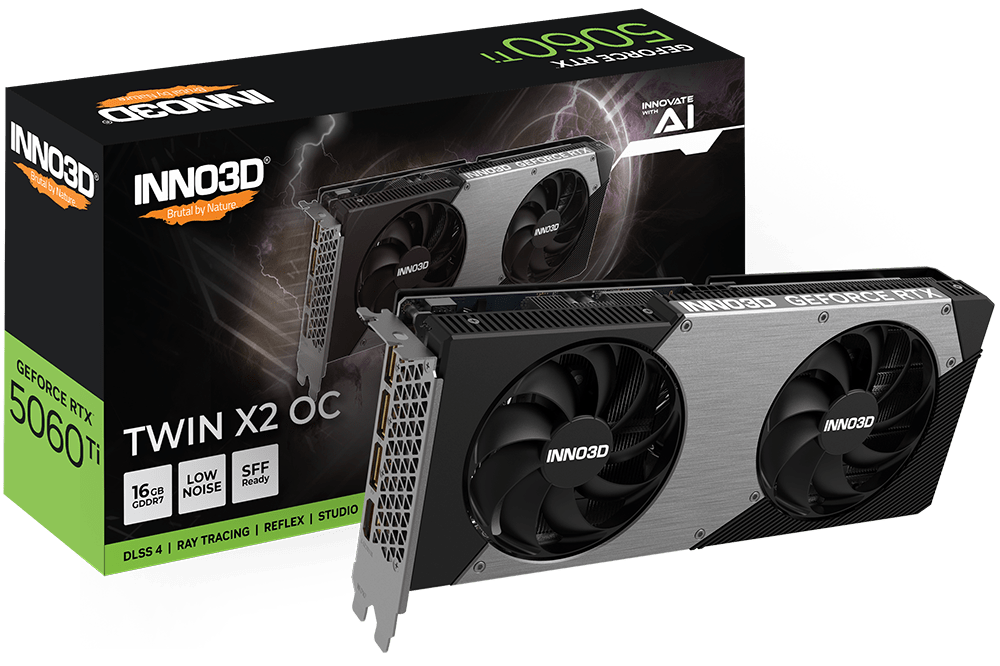Видеокарта Inno3D GeForce RTX5060 Ti TWIN X2 OC, 16G GDDR7 128-bit HDMI 3xDP N506T2-16D7X-191073N