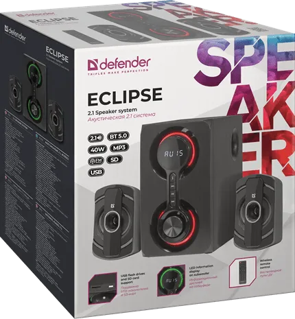 Колонки Defender Eclipse (2.1) - Black, 40Вт (2х10+20) RMS, 40Hz-20kHz, SD, USB, FM, MP3, LED — фото 8