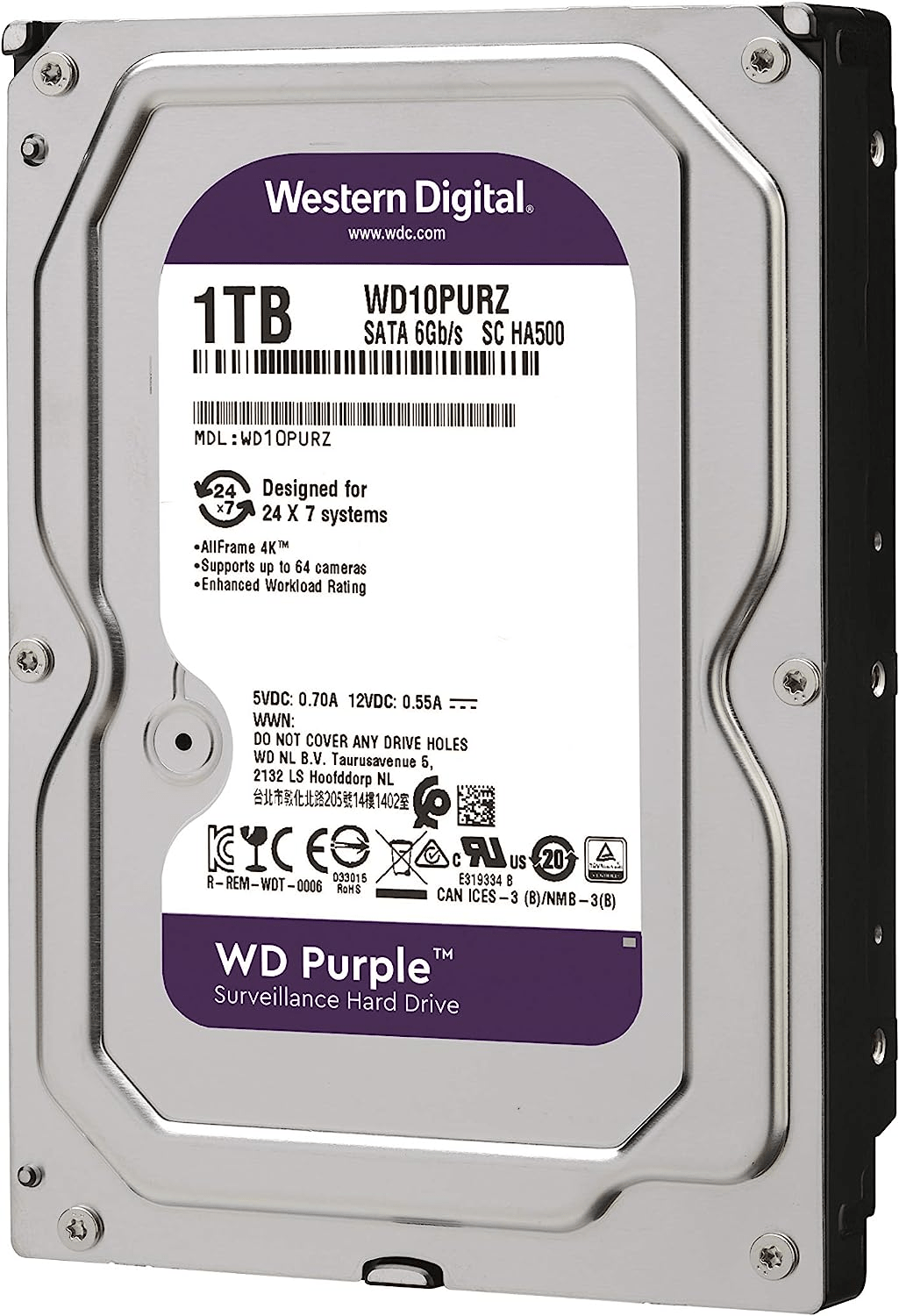 Жесткий диск для видеонаблюдения HDD  1Tb Western Digital Purple SATA 6Gb/s 64Mb 3,5