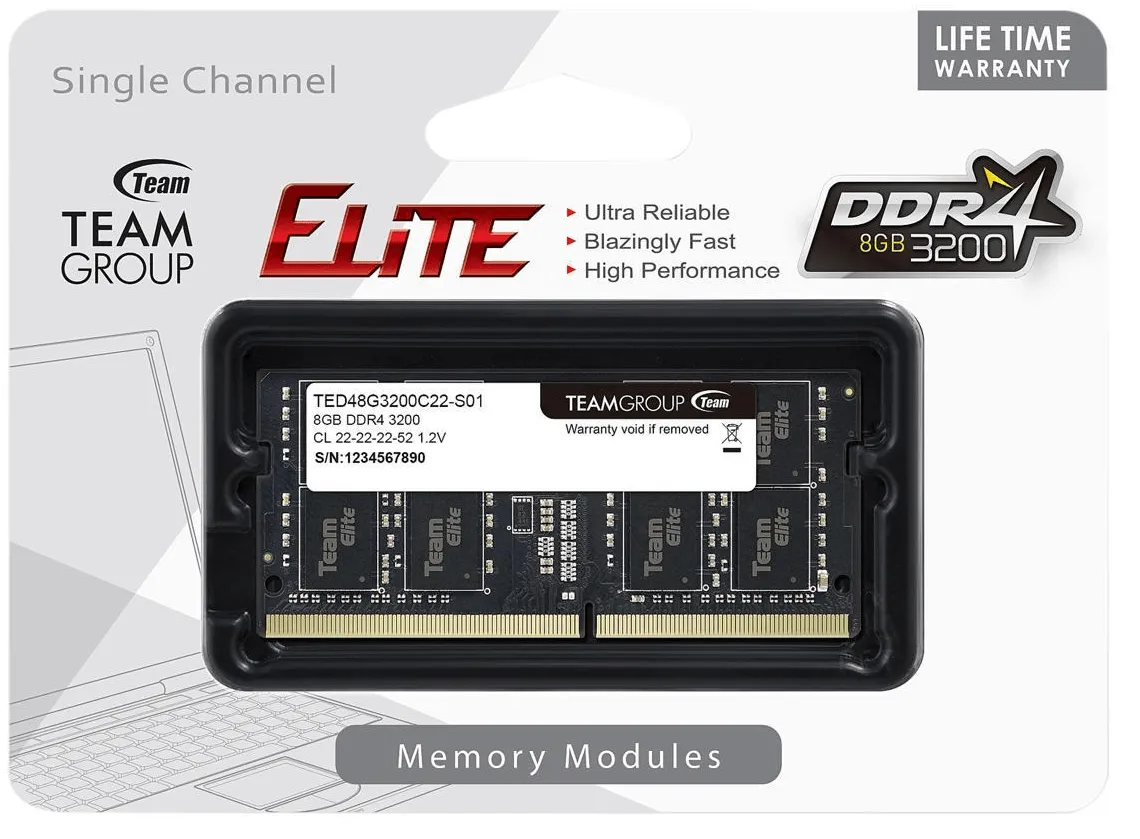 Оперативная память для ноутбука 8GB DDR4 3200Mhz Team Group ELITE SO-DIMM TED48G3200C22-S01