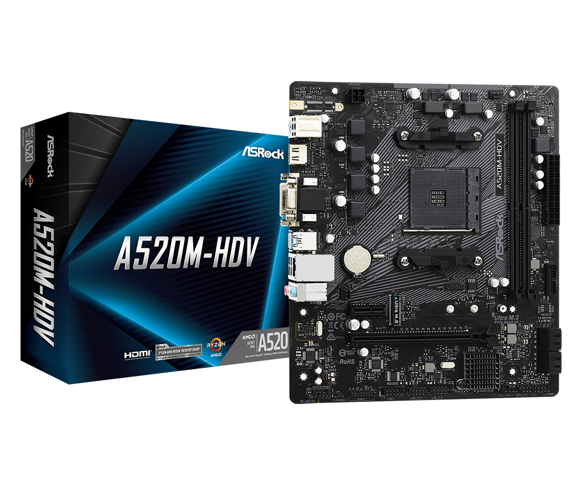 Материнская плата ASRock A520M-HDV AM4 2xDDR4 1xUM.2  4xSATA3 M.2 D-Sub DVI HDMI mATX