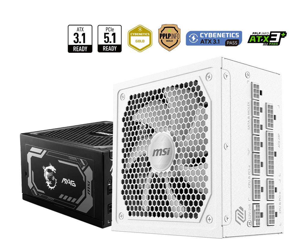 Блок питания MSI MAG A1000GL PCIE5 WHITE, 1000W, Active PFC, 80+ GOLD, Full Modular, ATX3.1, Белый