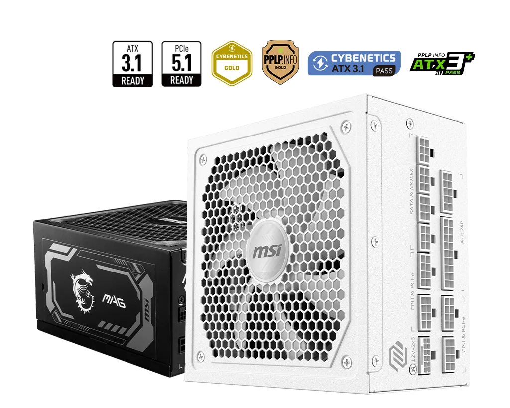 Блок питания MSI MAG A1000GL PCIE5 WHITE, 1000W, Active PFC, 80+ GOLD, Full Modular, ATX3.1, Белый