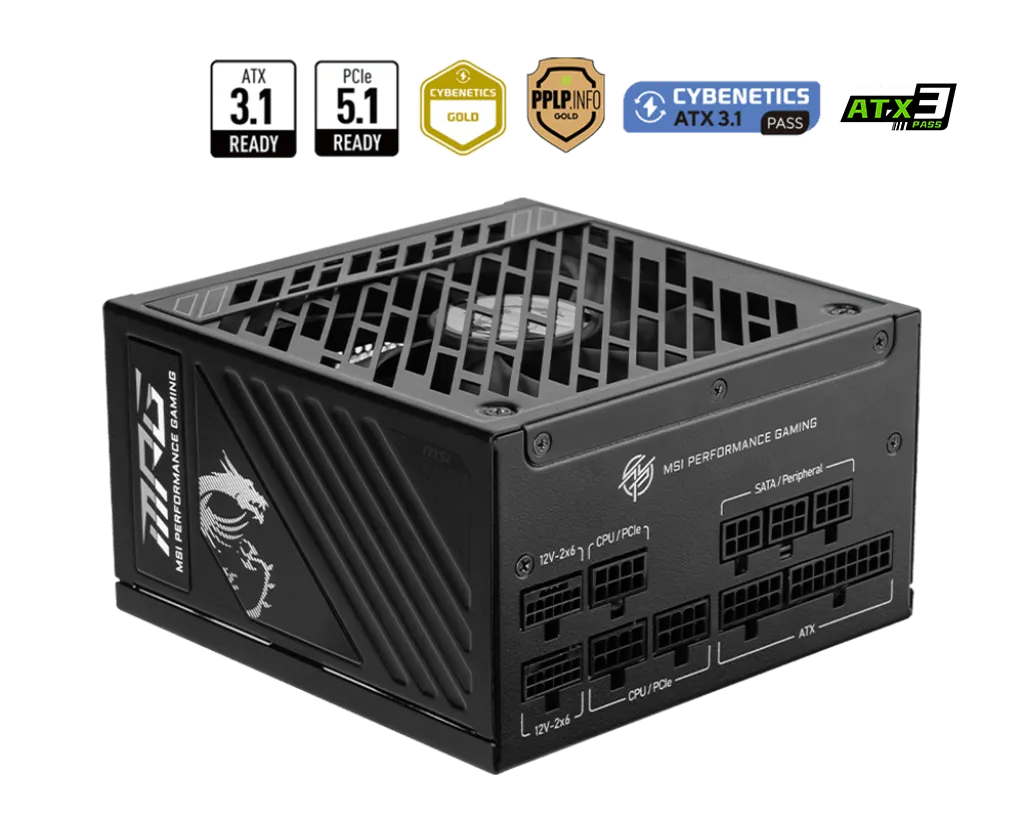 Блок питания MSI 1250W, MPG A1250GS PCIE5, Full Modular, ATX, 80+ GOLD, КПД >90%, Fan 135mm, Черный