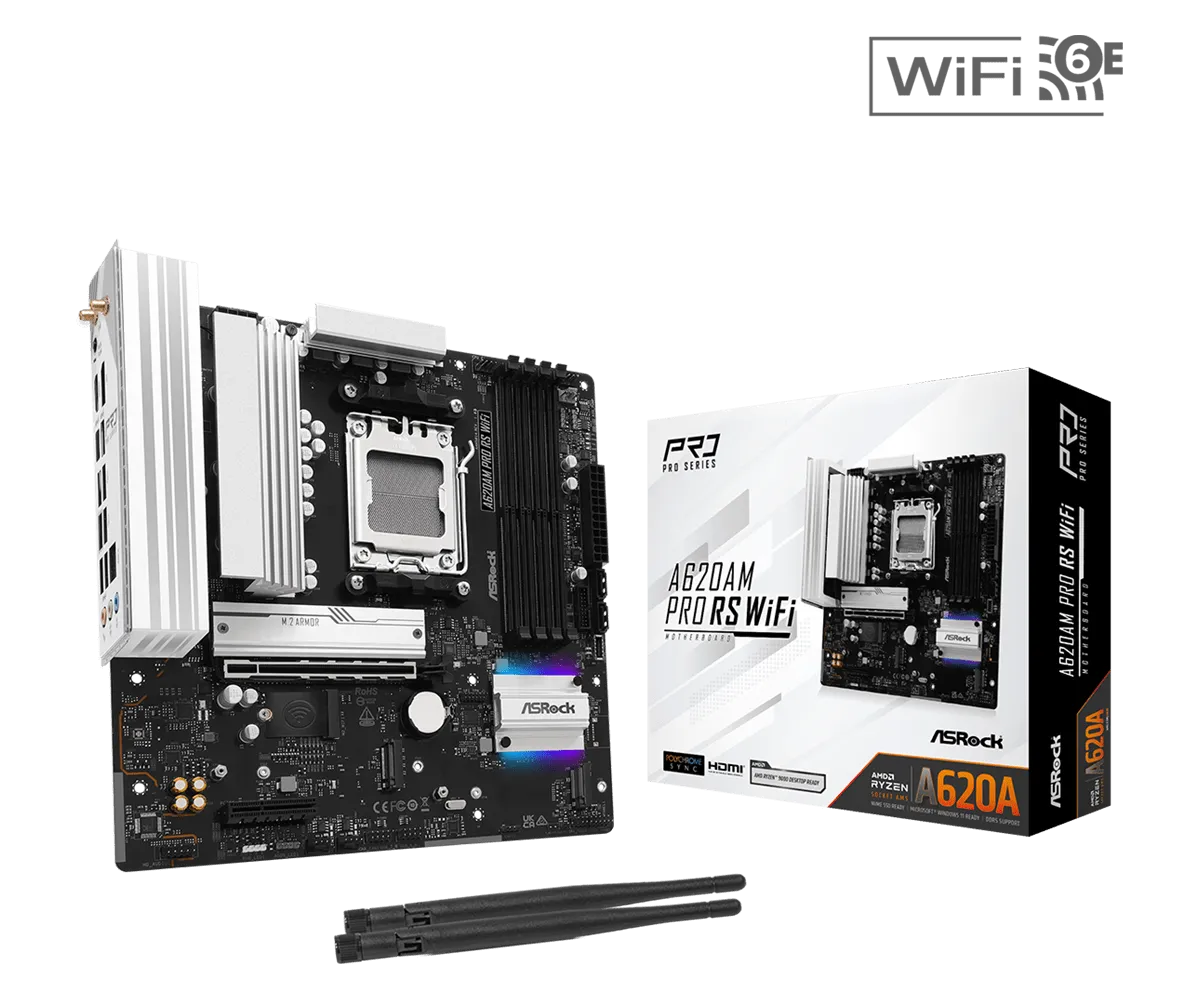 Материнская плата ASRock A620AM PRO RS WIFI AM5 4xDDR5 2xSATA3 RAID 3xM.2 Type-C HDMI DP WiFi6E mATX