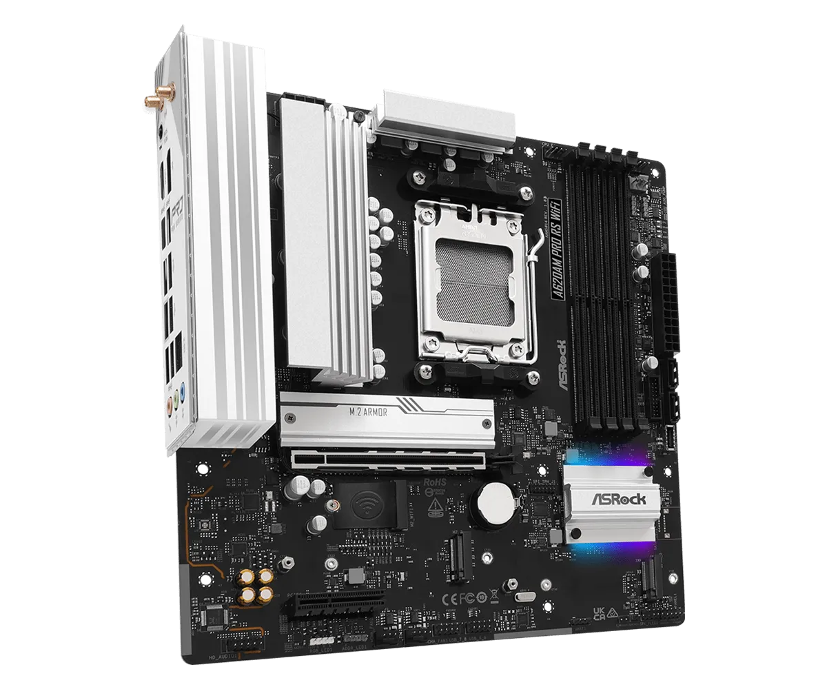 Материнская плата ASRock A620AM PRO RS WIFI AM5 4xDDR5 2xSATA3 RAID 3xM.2 Type-C HDMI DP WiFi6E mATX — фото 2