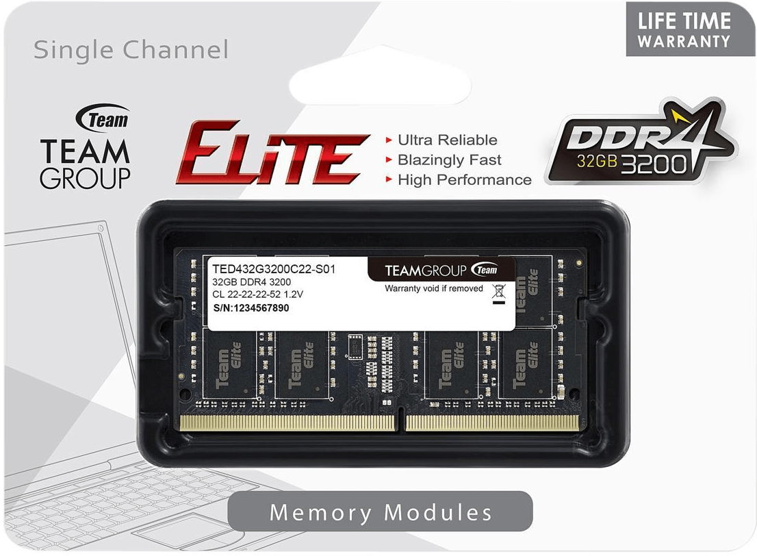 Оперативная память для ноутбука 32GB DDR4 3200Mhz Team Group ELITE SO-DIMM TED432G3200C22-S01
