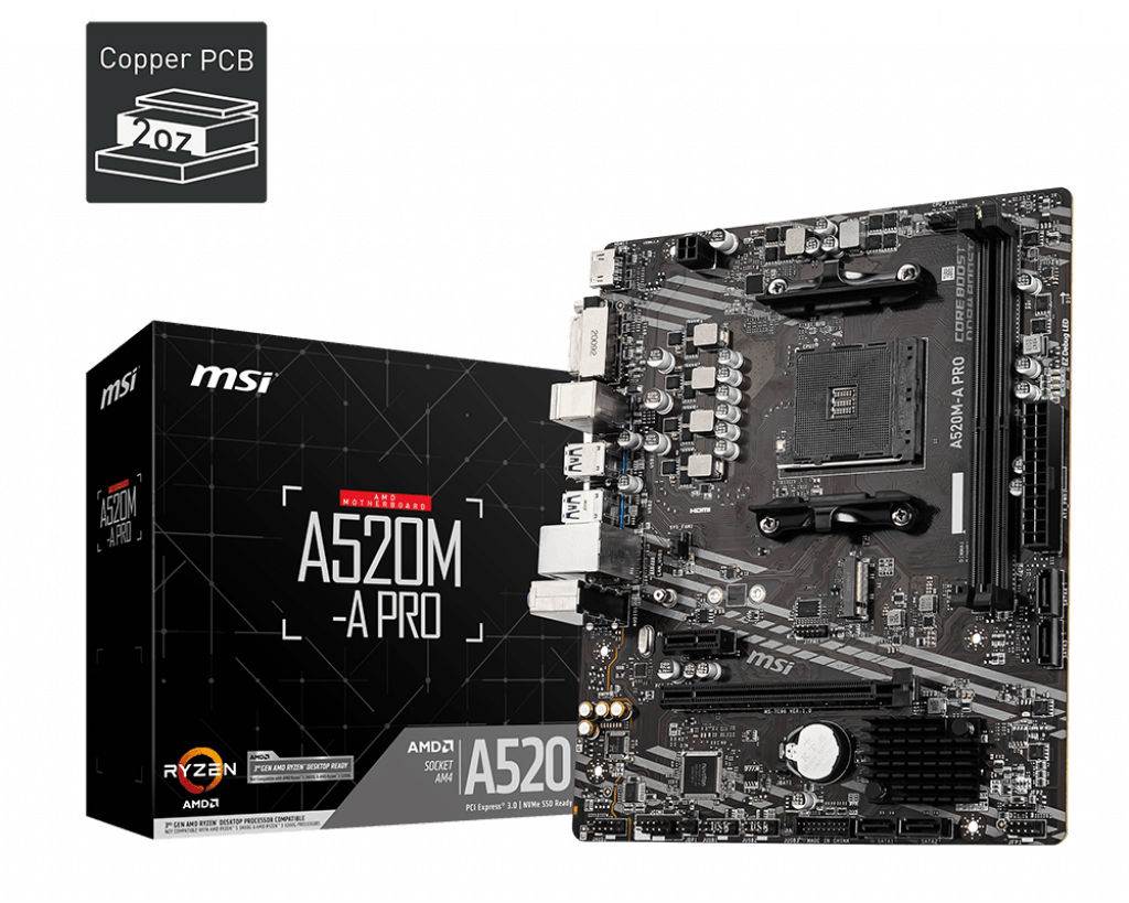 Материнская плата MSI A520M-A PRO AM4 A520 2xDDR4 4xSATA3 RAID 1xM.2 HDMI DVI mATX