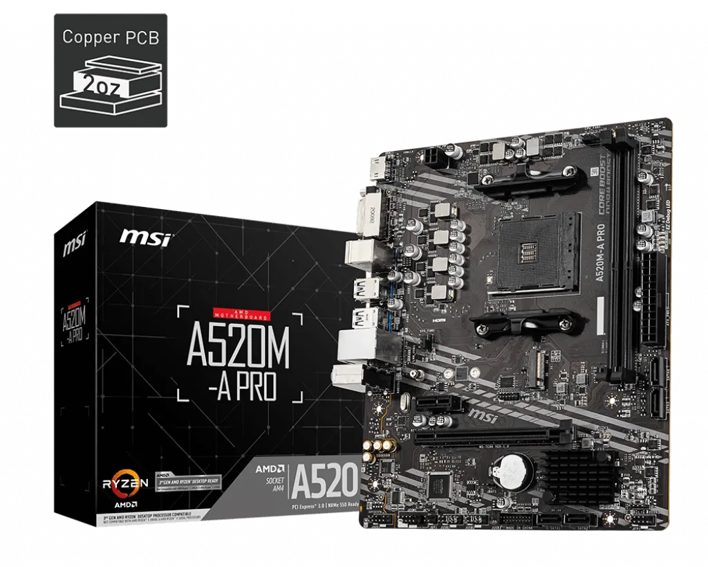 Материнская плата MSI A520M-A PRO AM4 A520 2xDDR4 4xSATA3 RAID 1xM.2 HDMI DVI mATX