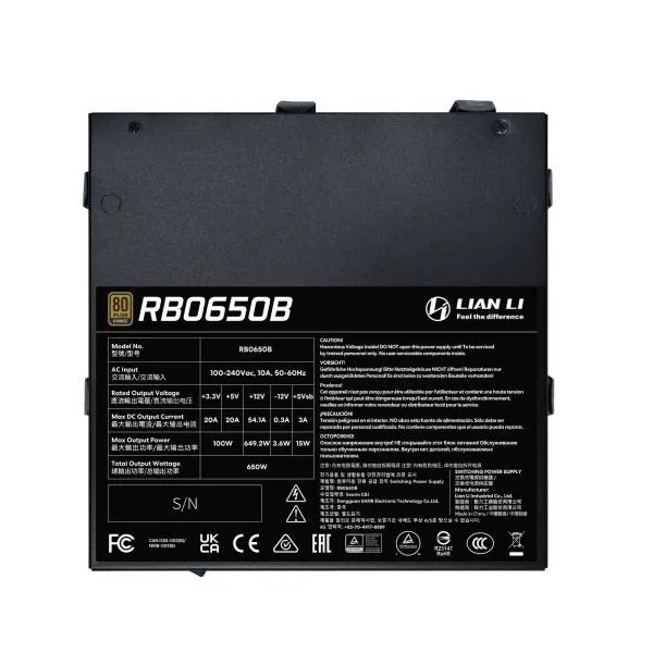 Блок питания Lian Li  650W, RB650B, Non Modular, 80+ BRONZE, КПД 85%, Черный, G9P.RB0650B.B000.EU — фото 3