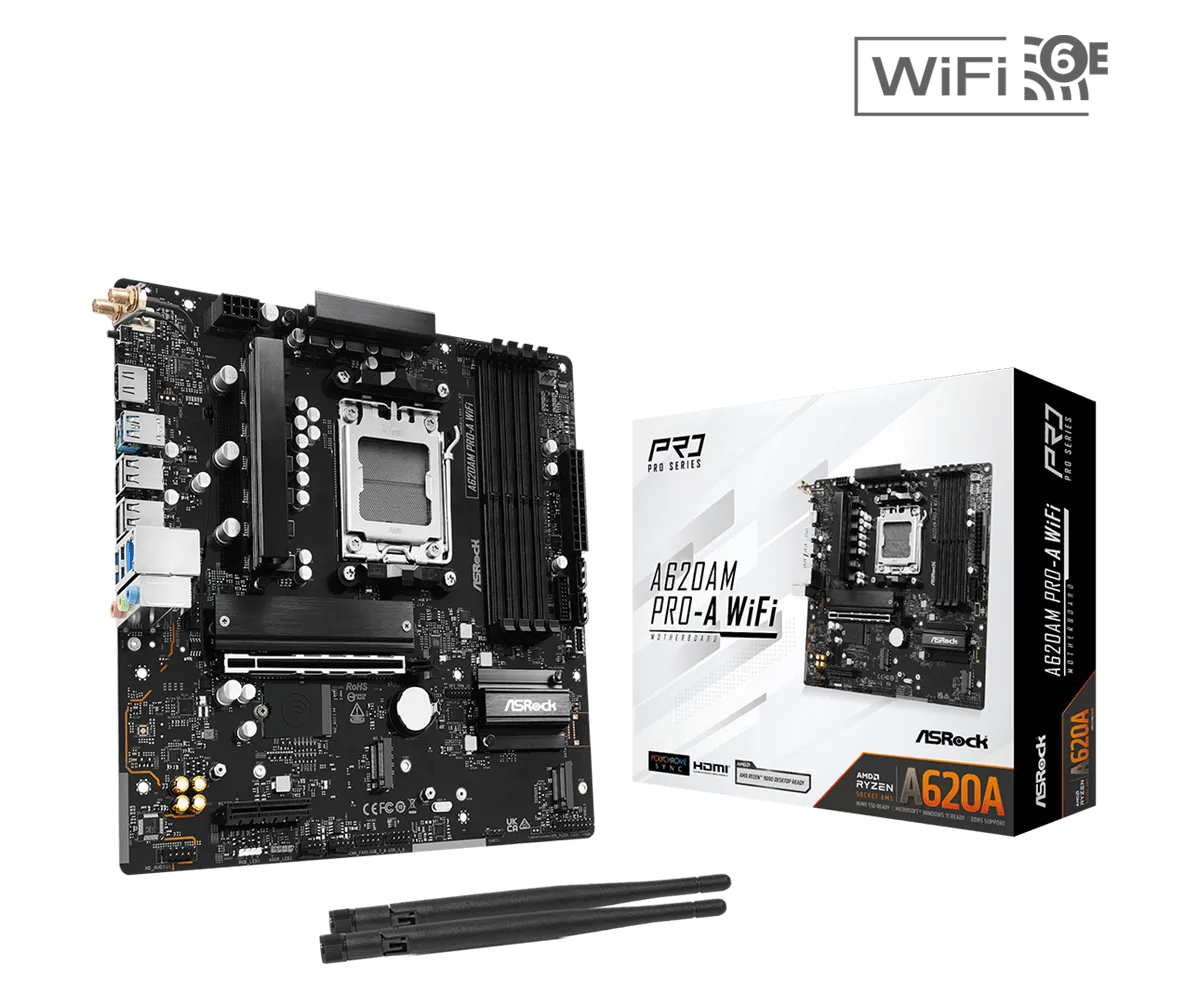 Материнская плата ASRock A620AM PRO-A WIFI AM5 4xDDR5 2xSATA3 RAID 3xM.2 Type-C HDMI WiFi6E mATX