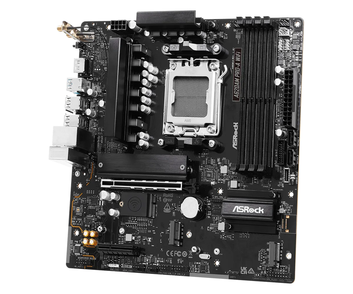 Материнская плата ASRock A620AM PRO-A WIFI AM5 4xDDR5 2xSATA3 RAID 3xM.2 Type-C HDMI WiFi6E mATX — фото 2