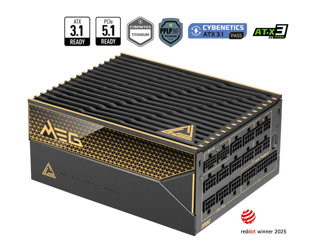 Блок питания MSI 1600W, MEG Ai1600T PCIE5, Full Modular, ATX, 80+ TITANIUM, >94%, Fan 135mm, Черный