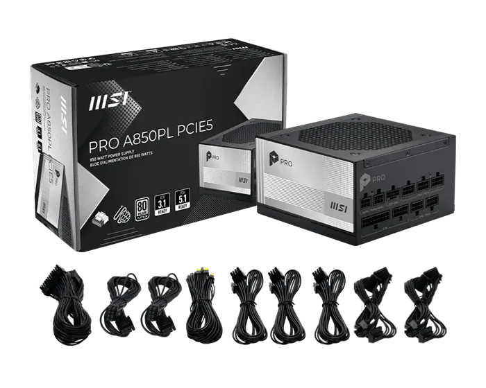 Блок питания MSI  850W, PRO A850PL PCIE5, Full Modular, ATX, 80+ PLATINUM, >92%, Fan 120mm, Черный — фото 5