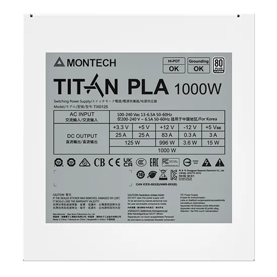 Блок питания Montech 1000W, TITAN PLA 1000W, Full Modular, 80+ PLATINUM, КПД 90%, Fan 135mm, Белый — фото 7